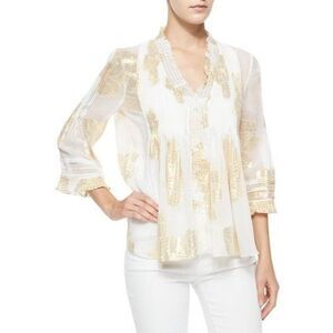Diane von Furstenberg Layla Foil-Print Top Ivory/Gold size 2